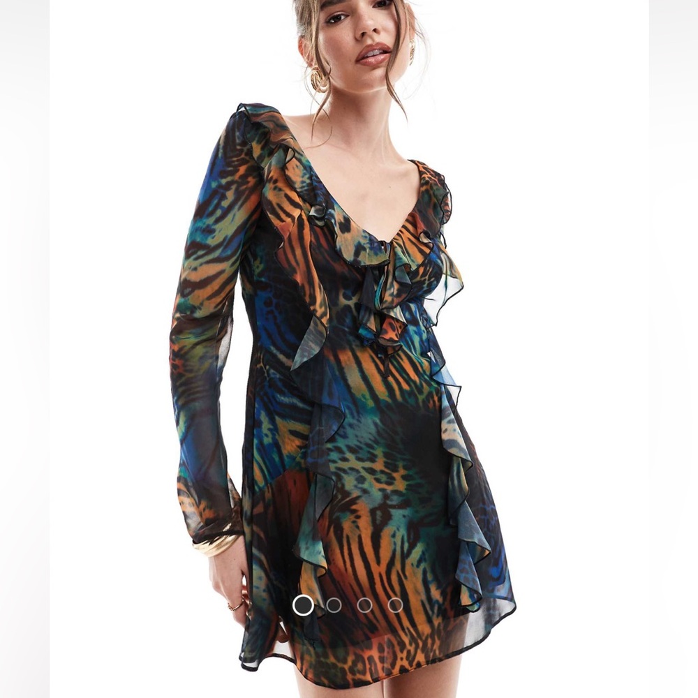 ASOS DESIGN long sleeve frill mini dress with tendrils in animal print